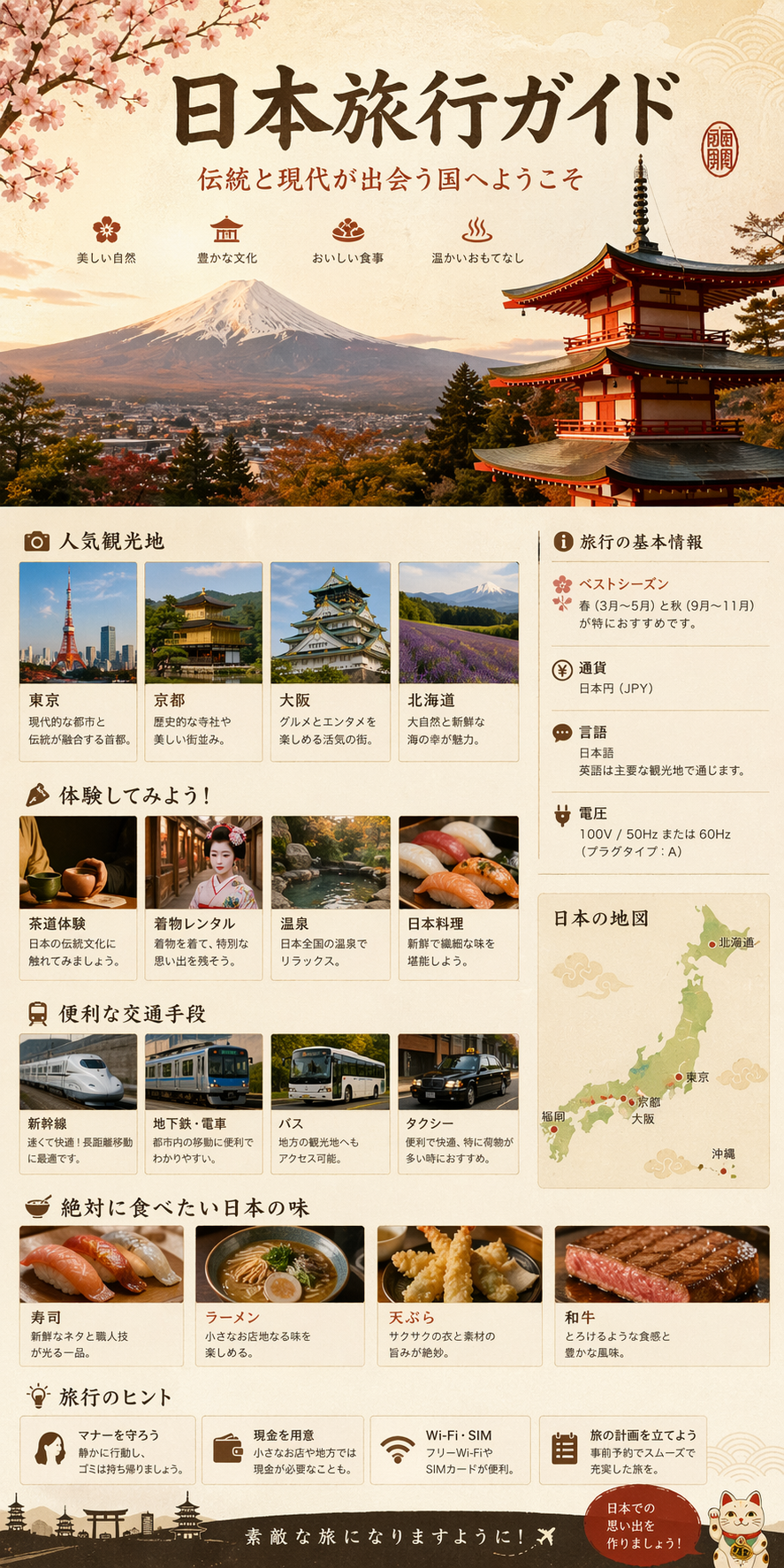 Prompt: A vertical 2K infographic titled "A Guide to Traveling in Japan". Elegant Japanese-style title with Mount Fuji and cherry blossom illustration at the top. Below, a clean grid showing 12 travel highlights (Tokyo, Kyoto, Osaka, sushi, onsen, temples, Shinkansen, etc.). Each item includes an icon, location, and a short description. Warm sepia, beige, and soft red color palette. Professional print-style travel poster with clean layout and subtle texture.