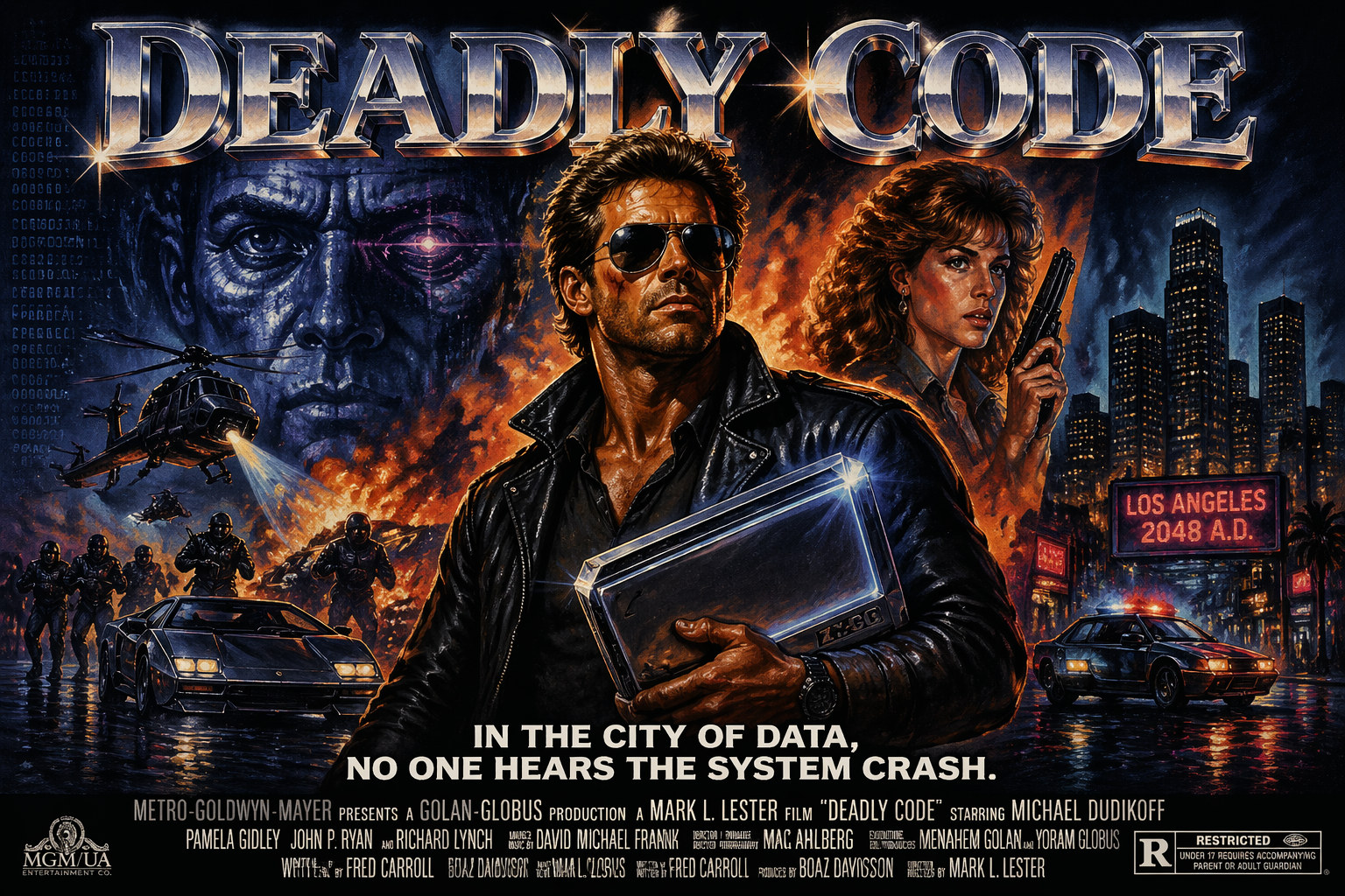 Prompt: An 80s American blockbuster sci-fi action movie poster titled "DEADLY CODE". The protagonist is a rugged, battle-worn hero in a dark leather jacket and aviator sunglasses, standing in a classic "hero pose" holding a futuristic glowing chrome laptop. Background features a dramatic, hand-painted collage of a dark Los Angeles skyline, orange-and-blue high-contrast explosions, and rain-slicked streets. At the top, bold metallic 3D serif typography for the title "DEADLY CODE". At the bottom, a sharp white tagline: "IN THE CITY OF DATA, NO ONE HEARS THE SYSTEM CRASH." Authentic 35mm film grain, rich oil-paint textures, and a classic studio credits block at the very bottom for a nostalgic cinematic feel.