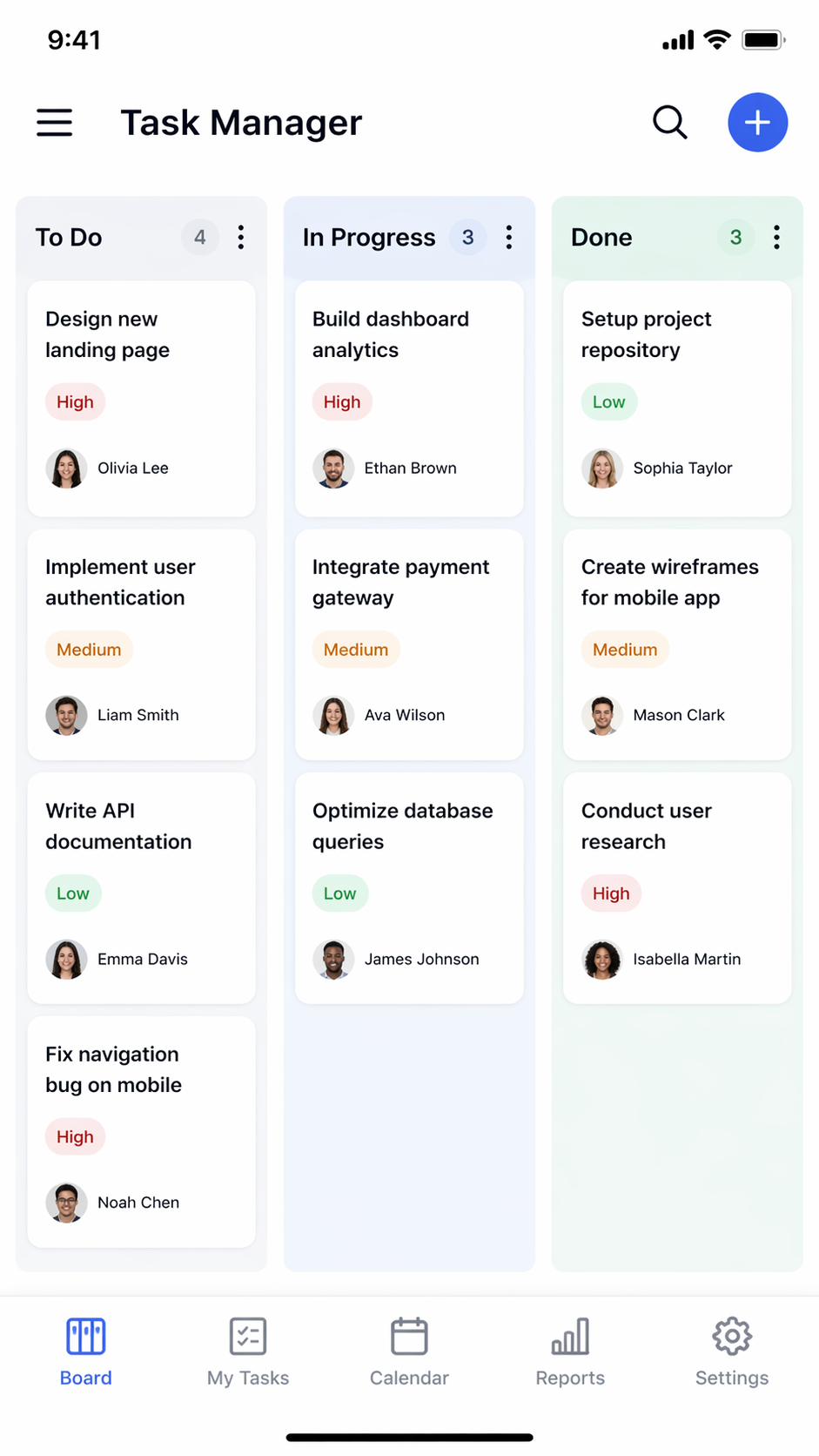 Prompt: A mobile app screenshot of a Task Manager. Three columns: "To Do," "In Progress," and "Done." Each card contains a title, priority label, and user avatar. Clean, flat design, modern sans-serif typography, iOS status bar at the top.