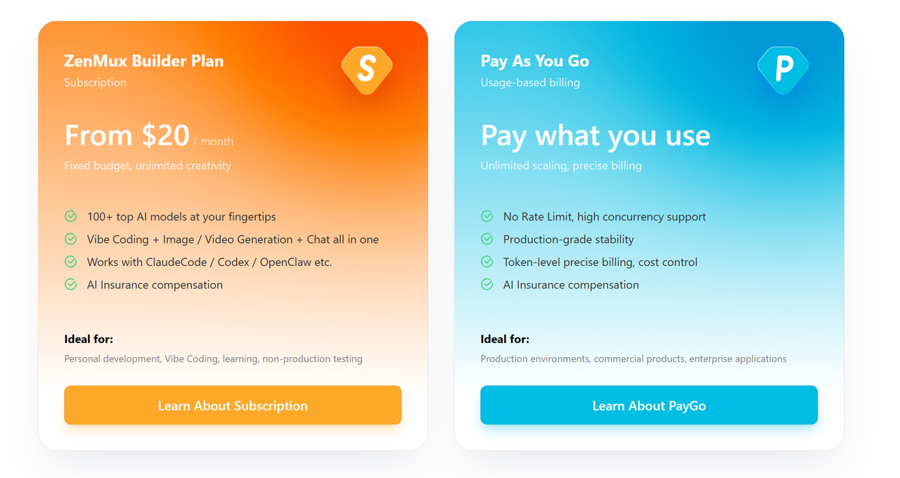 ZenMux offers subscription tiers ($0 - $200/mo) and pay-as-you-go with 0% markup. 