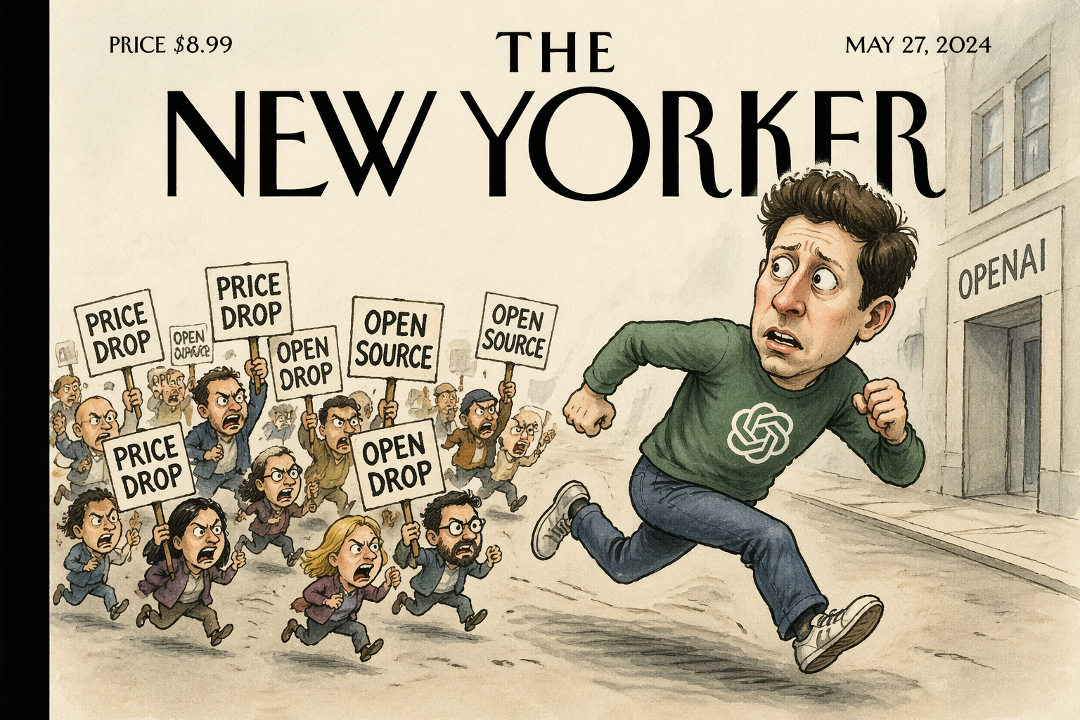 Prompt: A New Yorker magazine cover style. Illustration of Sam Altman being chased by tiny people holding signs that say "Price Drop" and "Open Source." Exaggerated facial expressions. Classic New Yorker serif typography at the top, with the correct issue date and price in the corner.