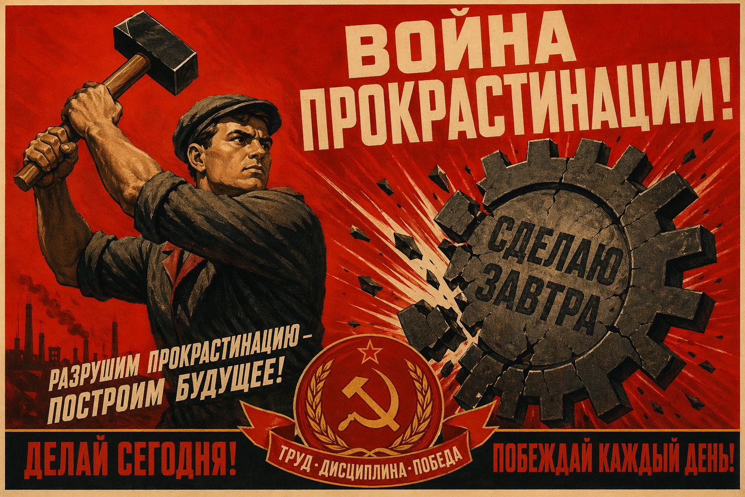 Prompt: A Soviet 1950s revolutionary propaganda poster titled "WAR ON PROCRASTINATION". Red background, a heroic worker raising a hammer to smash a gear labeled "DO IT TOMORROW". Bold Russian-style typography throughout, hammer and sickle emblem at the bottom.