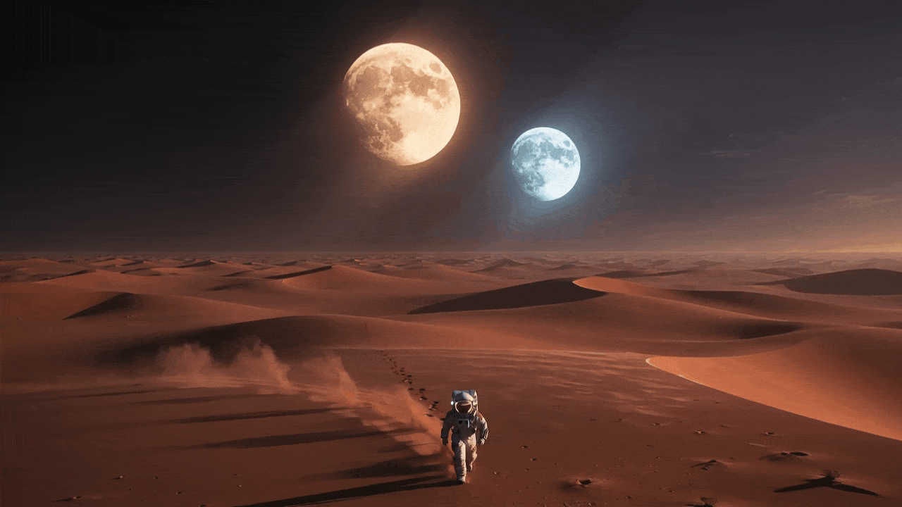 HappyHorse 1.0 (Atmospheric Generation):
Prompt: "A vast alien desert with twin glowing moons, a lone astronaut walking towards the horizon, red dust blowing, wide aerial tracking shot, cinematic sci-fi color grading, 16:9."