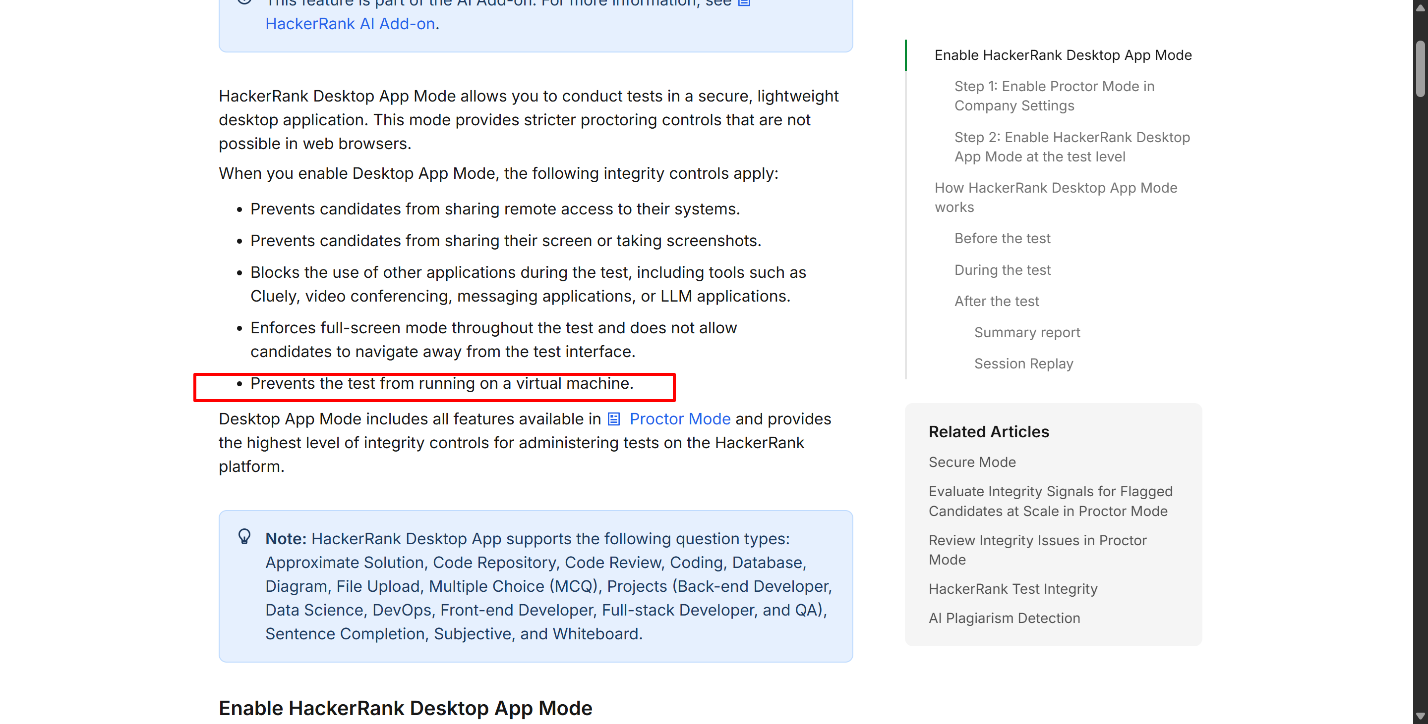 From the official doc, HackerRank‘s desktop app can detect virtual machines.