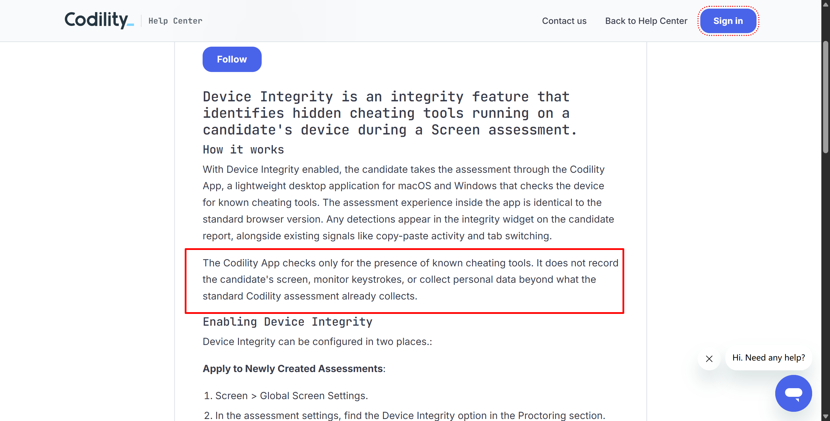 Codility's desktop app was released with this Device Integrity feature to check for cheating tools like Cluely