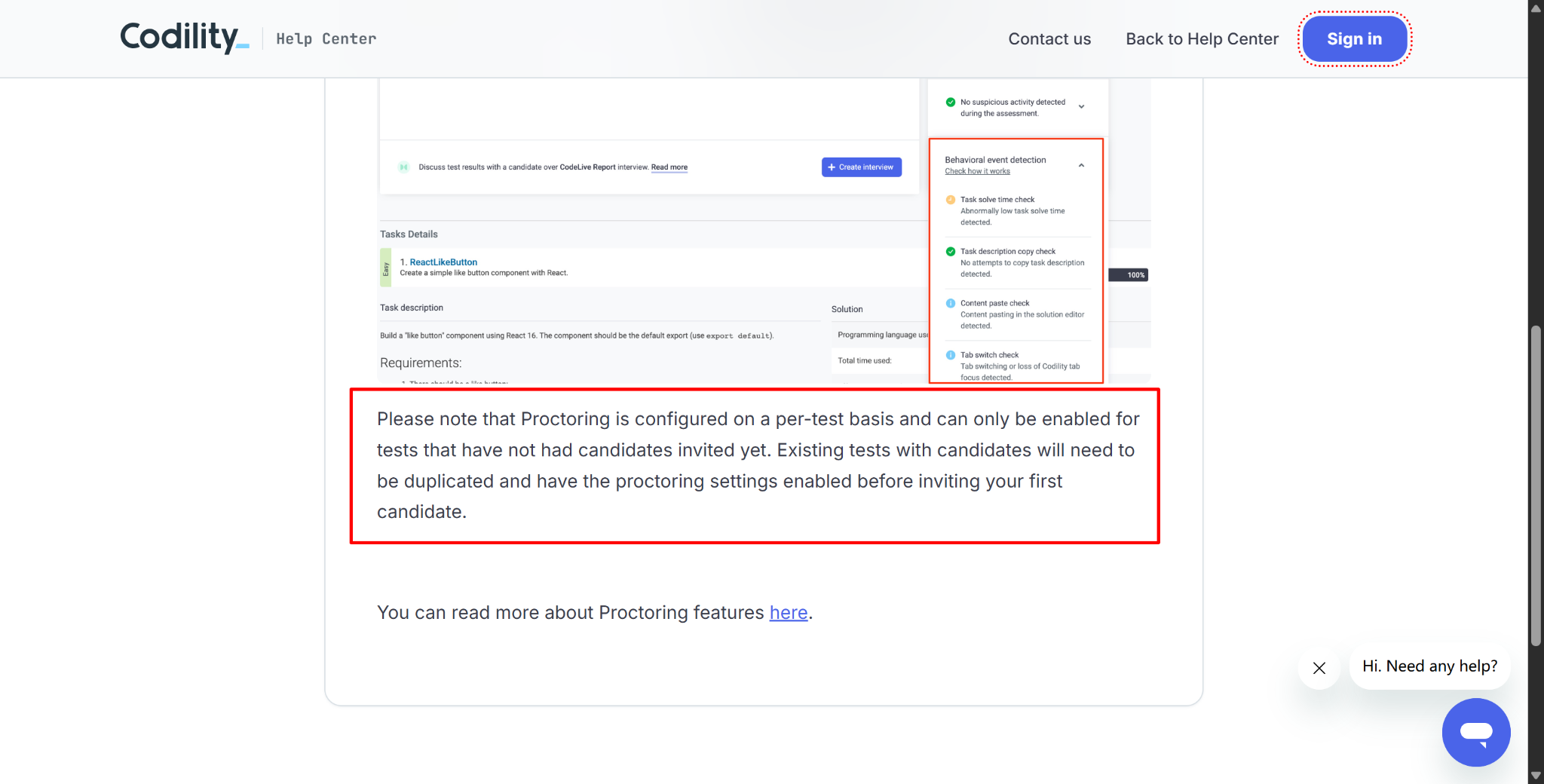 Codility's proctoring choices, including tab-focus monitoring, are pre-set before the OA starts