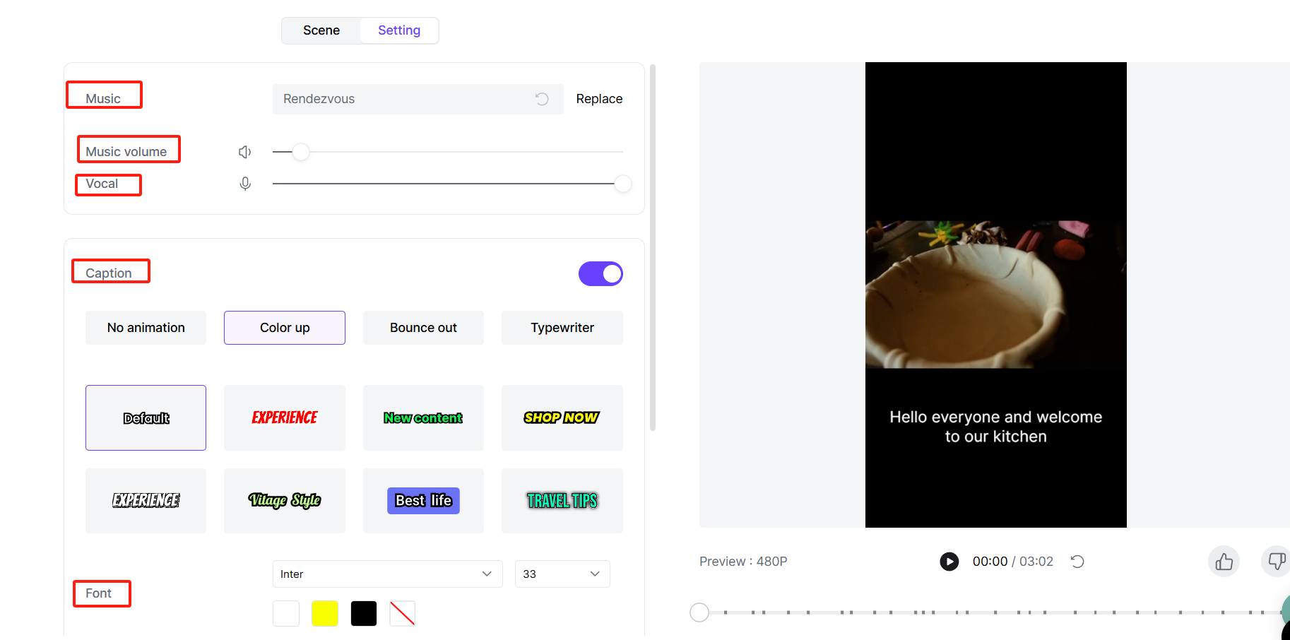 Change materials for generating a video