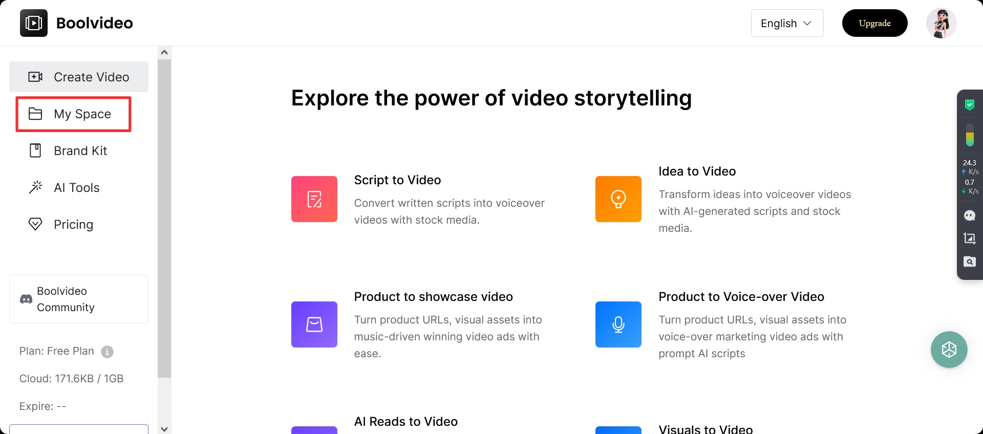 Interface of the Bookvideo tool showcasing its video storytelling features, including options for Script to Video, Product Showcase Video, AI Reads to Video, and Product Voice-over Video.