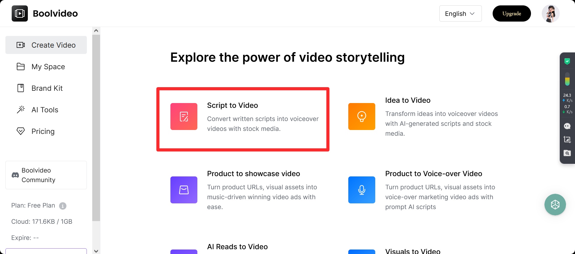 Overview of Bookvideo's core capabilities: Script to Video, Product to Showcase Video, AI Reads to Video, and Product to Voice-over Video.