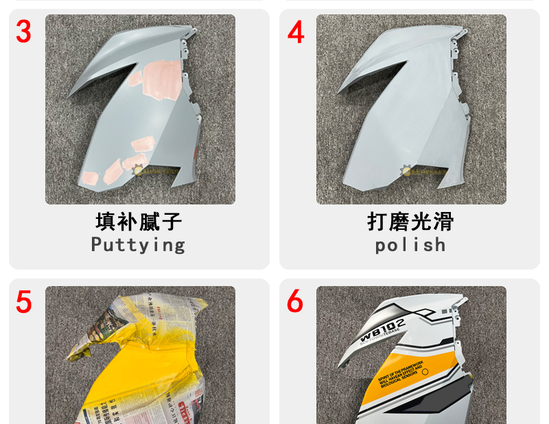 Workshop collage of separate filling, sanding, masking and paint-graphics tasks on motorcycle fairings; not one order timeline.