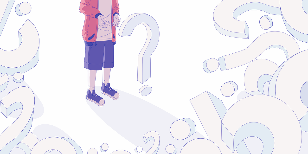 A human looking confused with question marks surrounding them.