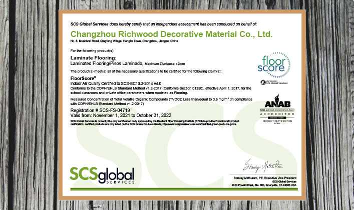 Richwood laminate flooring has FloorScore certification
