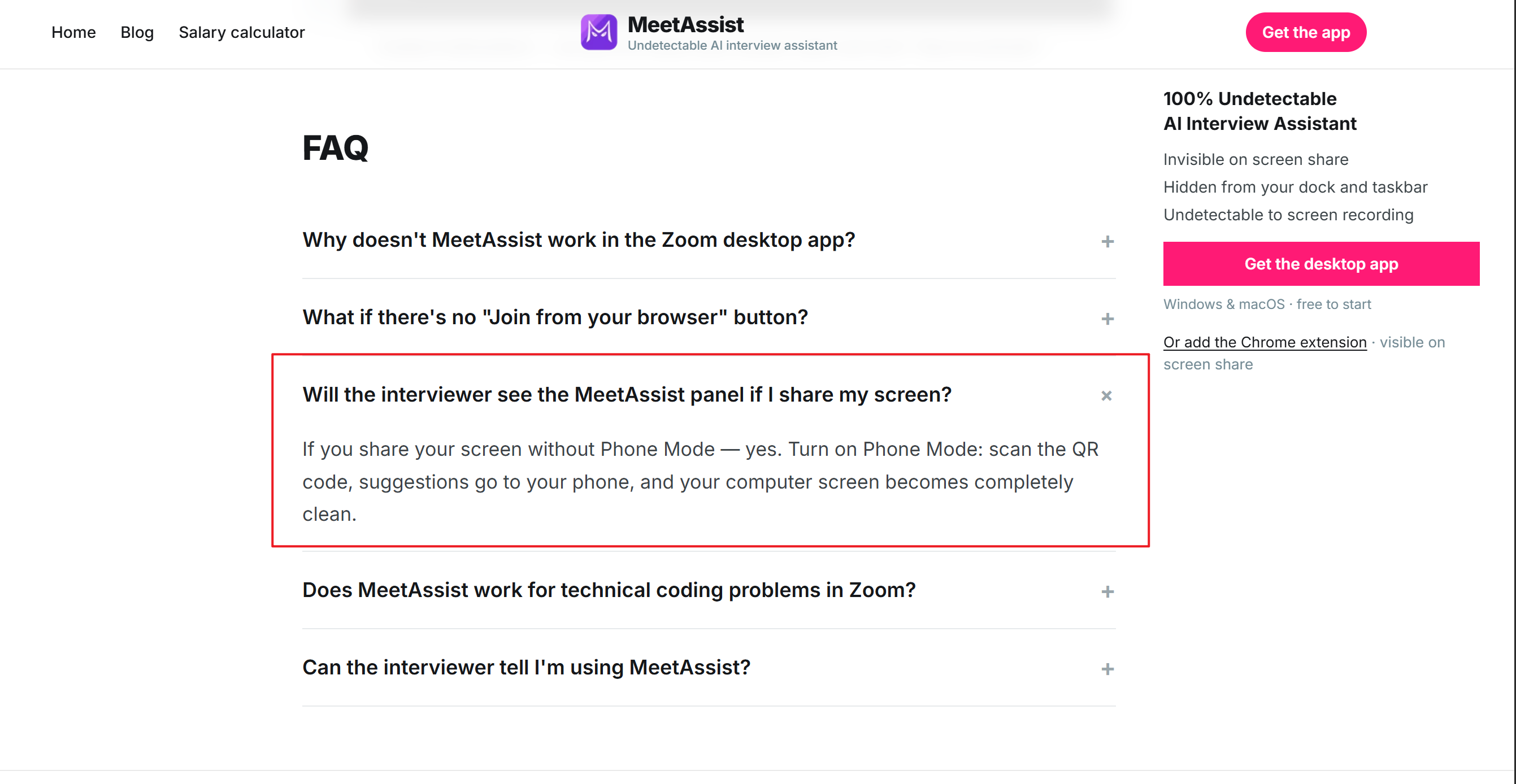MeetAssist said in their Zoom guide that the only way to stay undetectable during a screen-sharing meeting is to turn on Phone Mode