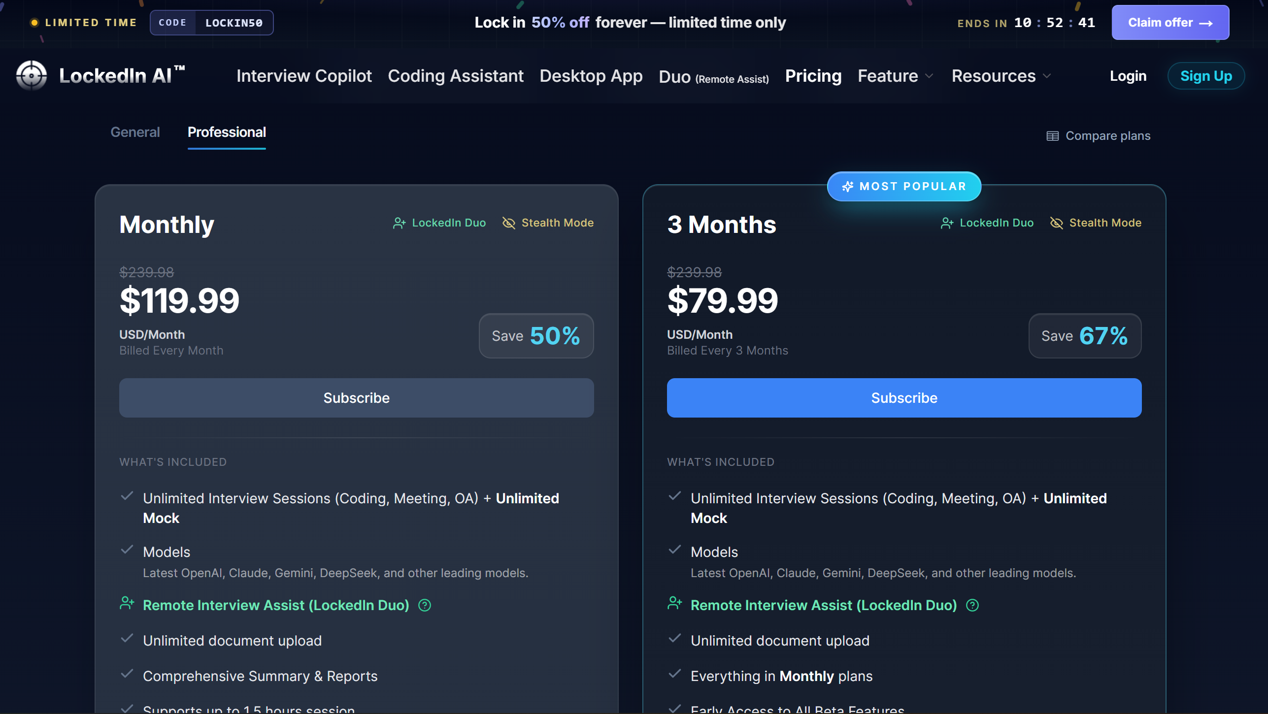 LockedIn AI's professional plans (with invisible mode) cost from $80/mon to $120/mon
