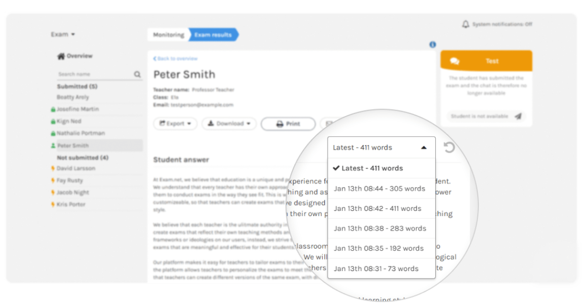 In the monitoring view, teachers can observe the evolution of students' texts over time.