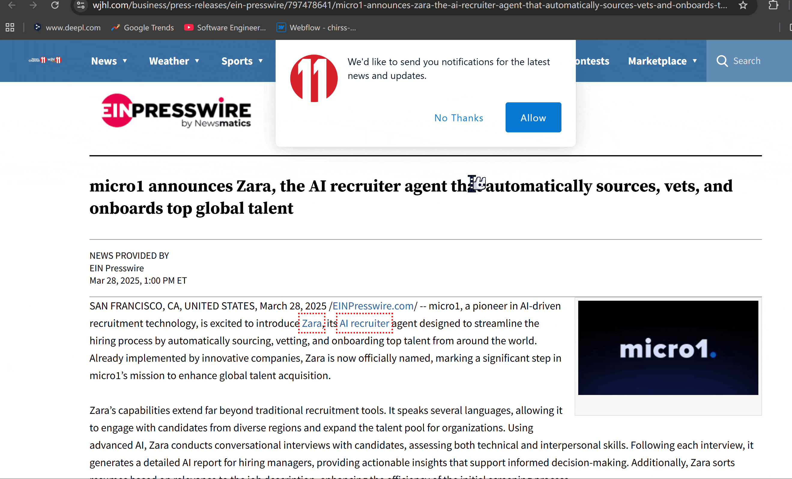 The original Zara AI landing pages all redirect to the Micro1 homepage