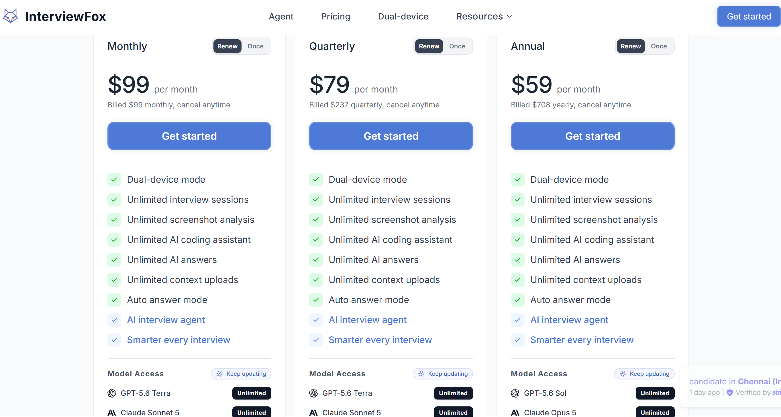 Only Elite plans of InterviewFox cover the AI interview agent, and they start at $59/mon