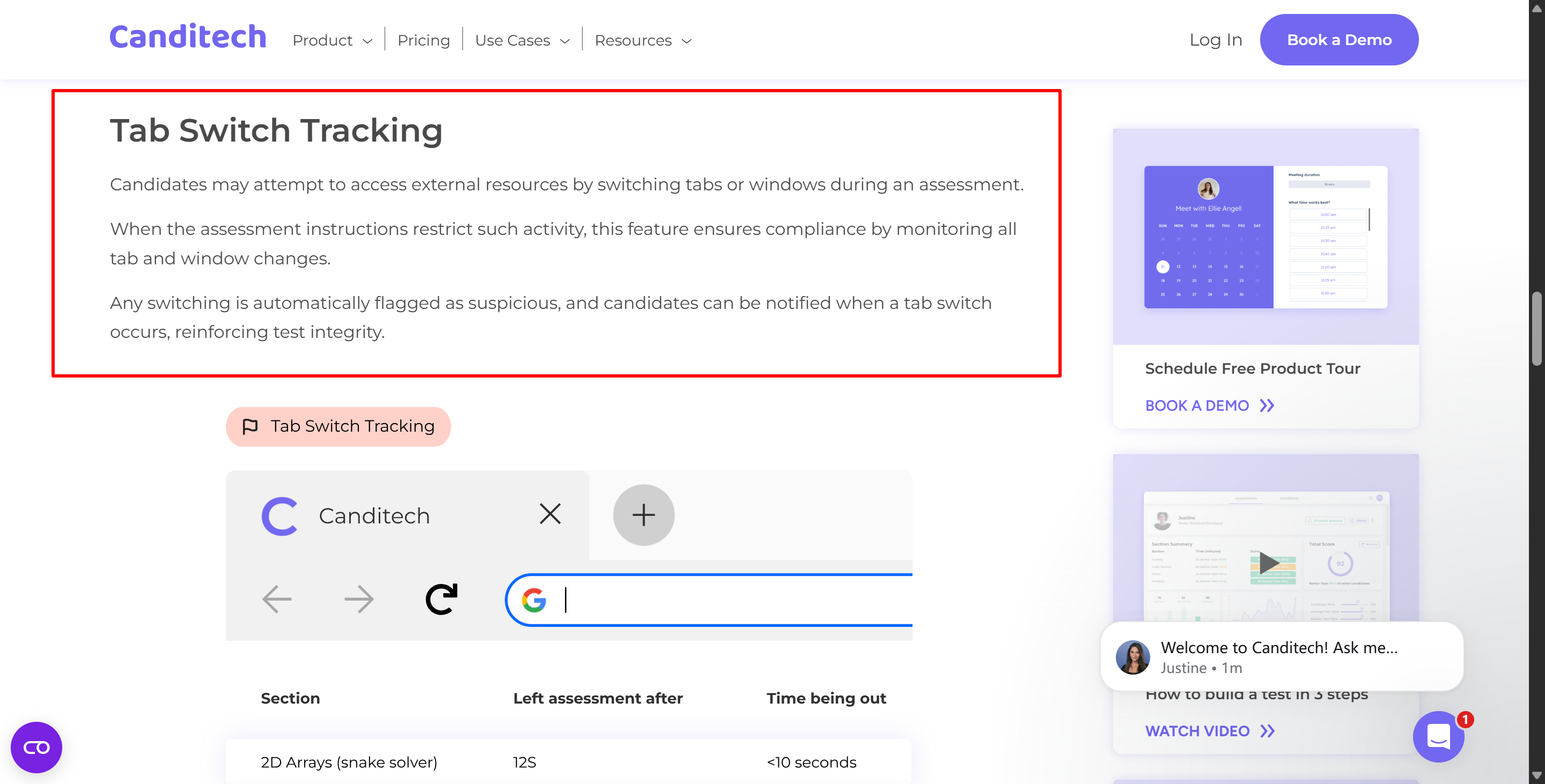 Canditech lists all its anti-cheating features, and that includes tab switch tracking