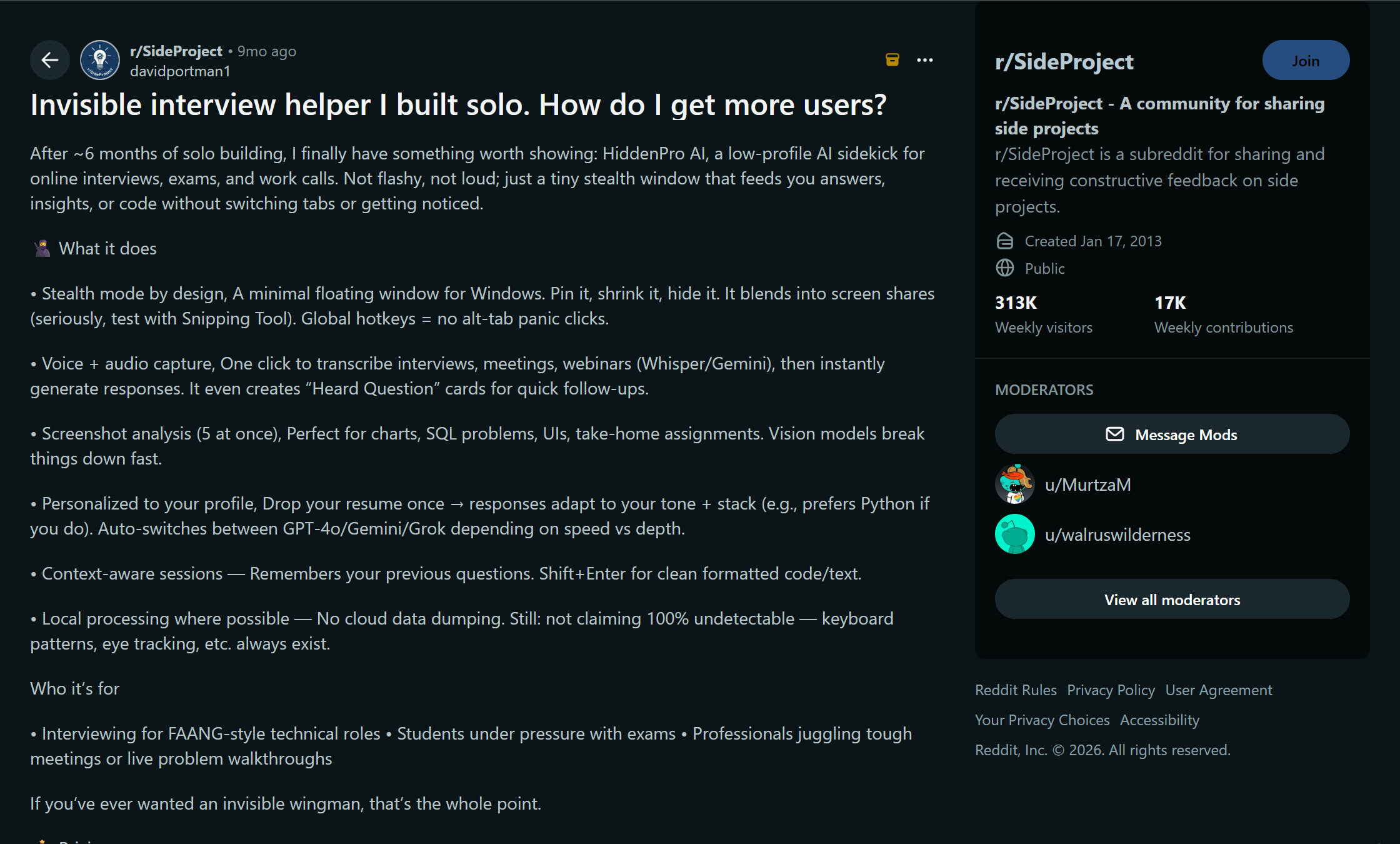 The newest Reddit post about HiddenPro's detailed info
