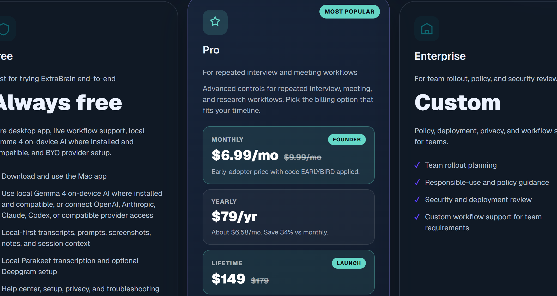 ExtraBrain lists Pro plans that cost $7/mon, $79/yr, or $149 for lifetime for a BYO-API model copilot