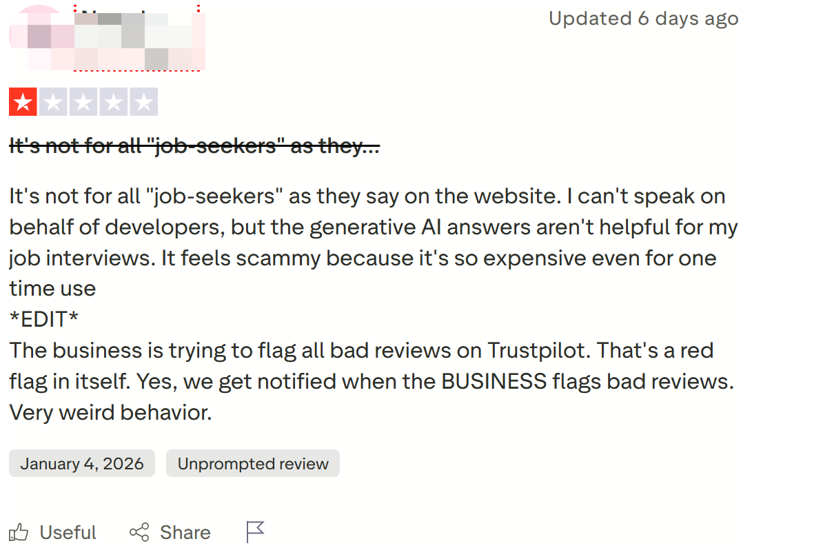 People on Trustpilot said that LockedIn AI was trying to flag all bad reviews on it, and warned everyone about this