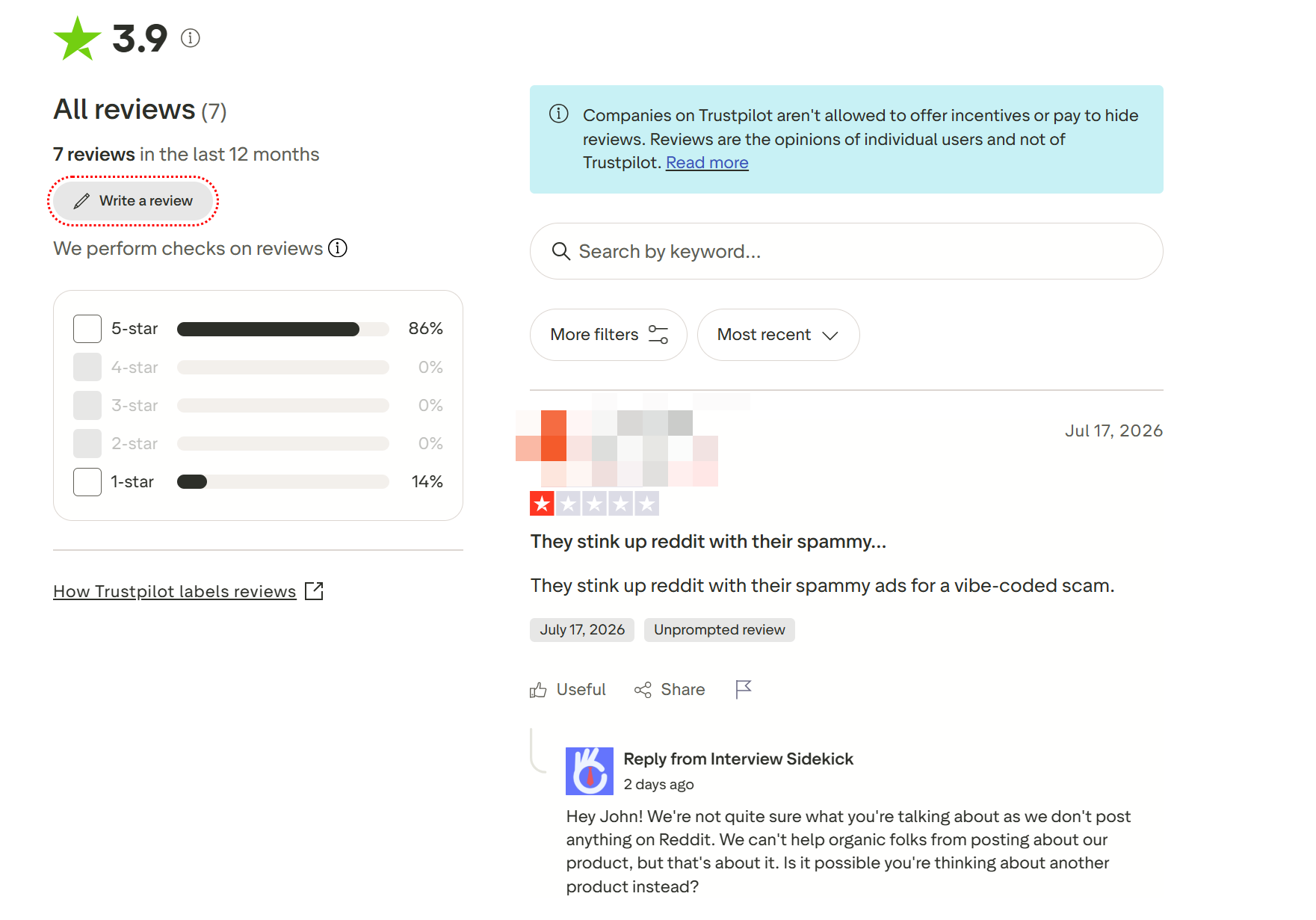 Recently some people found that there were a bunch of spammy ads posted by Interview Sidekick