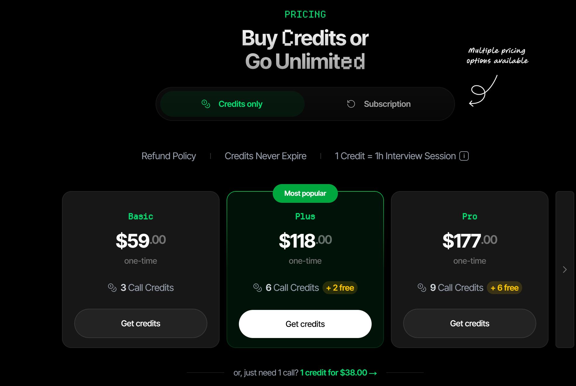Parakeet AI supports one-time payments that range from $29.5-$88.5 for no more than 10 interviews