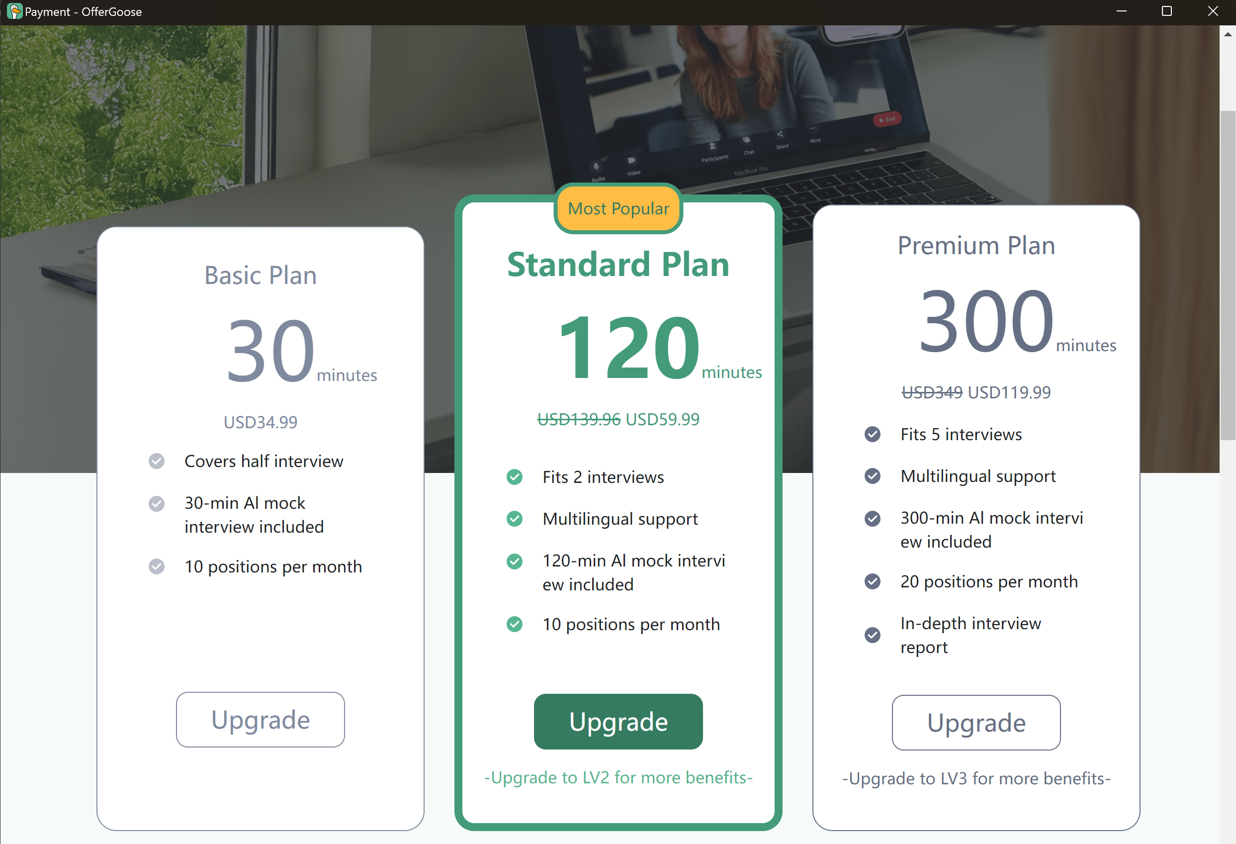 OfferGoose's pricey plans vary from features to interview length