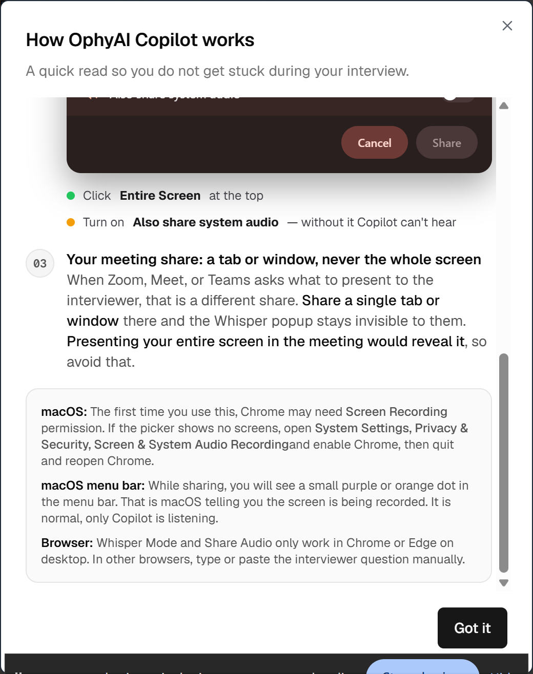 I clicked one little button explaining how OphyAI works invisibly, but actually it just asked me to share only one tab with the interviewer