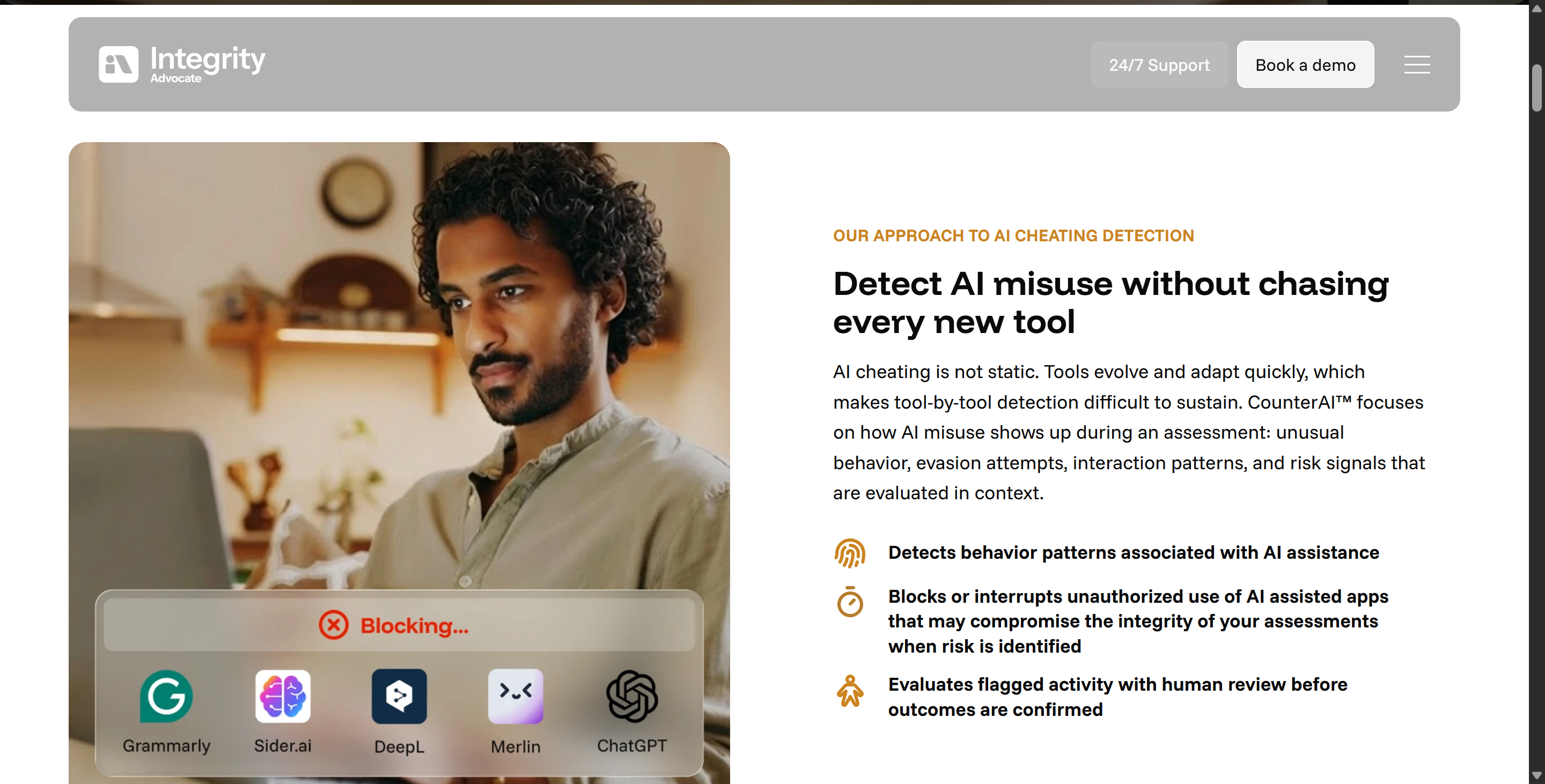 Integrity Advocate said it blocks unauthorized use of AI assistance, but it actually does not have that ability
