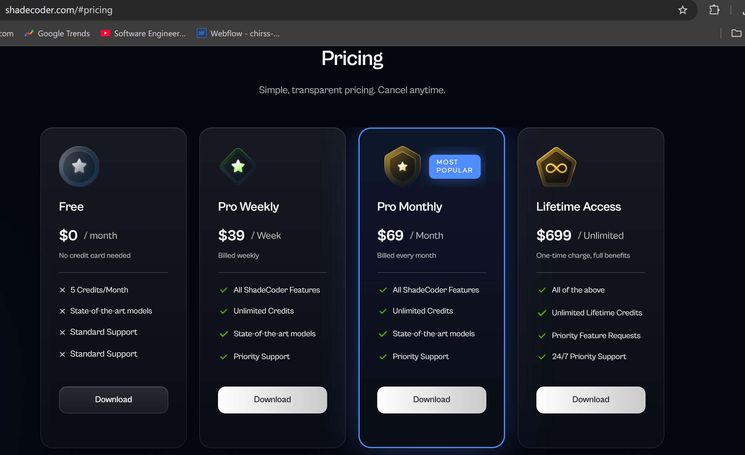 Shadecoder's pricing plans are not so transparent about the AI model it supports