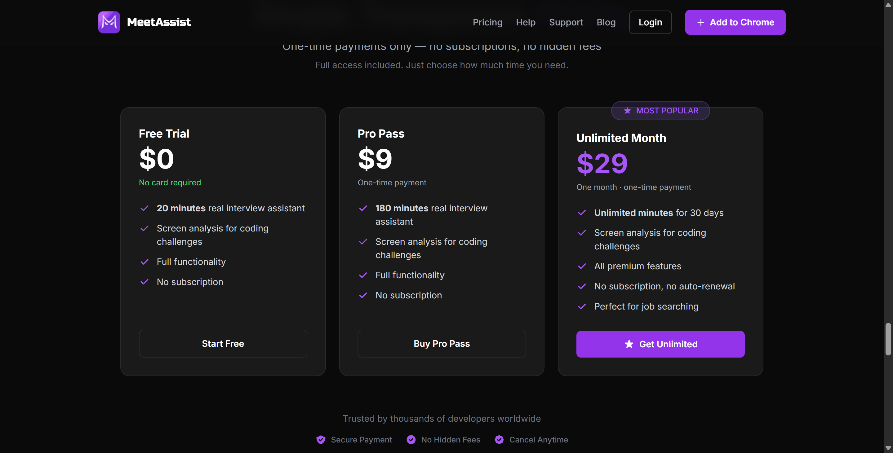 MeetAssist gives 2 different versions of a one-time payment plan