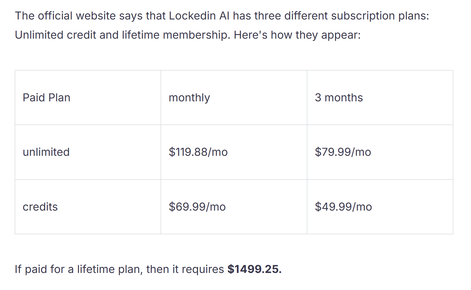 Summary of different price plans listed on LockedIn AI's official page; quite expensive starting price.