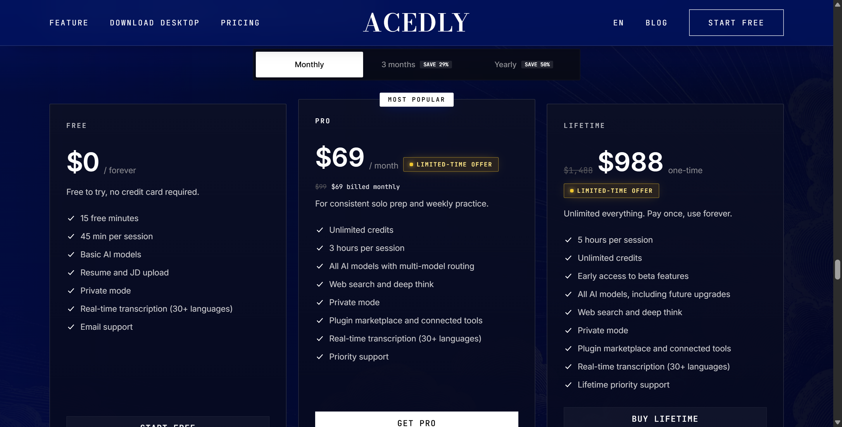 Acedly AI's pricing models were relatively cheap among those who ask for more than $100/mon