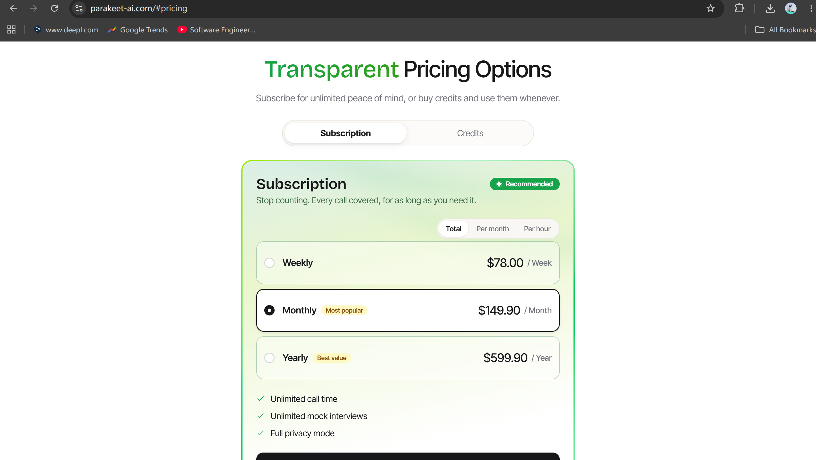 Parakeet AI's new price mode inlcuds 3 different subscription tiers