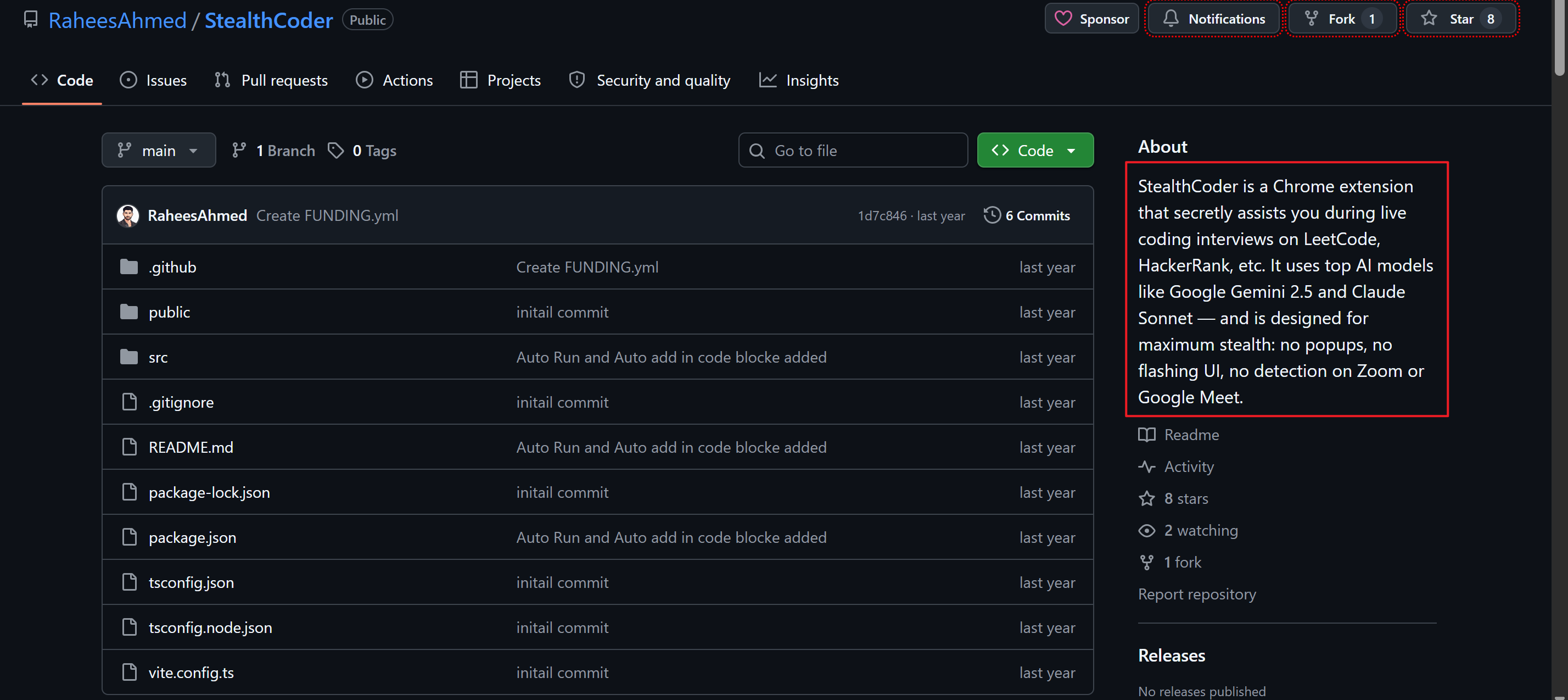 Rahees Ahmed's StealthCoder GitHub page, explaining that his StealthCoder is a Chrome extension