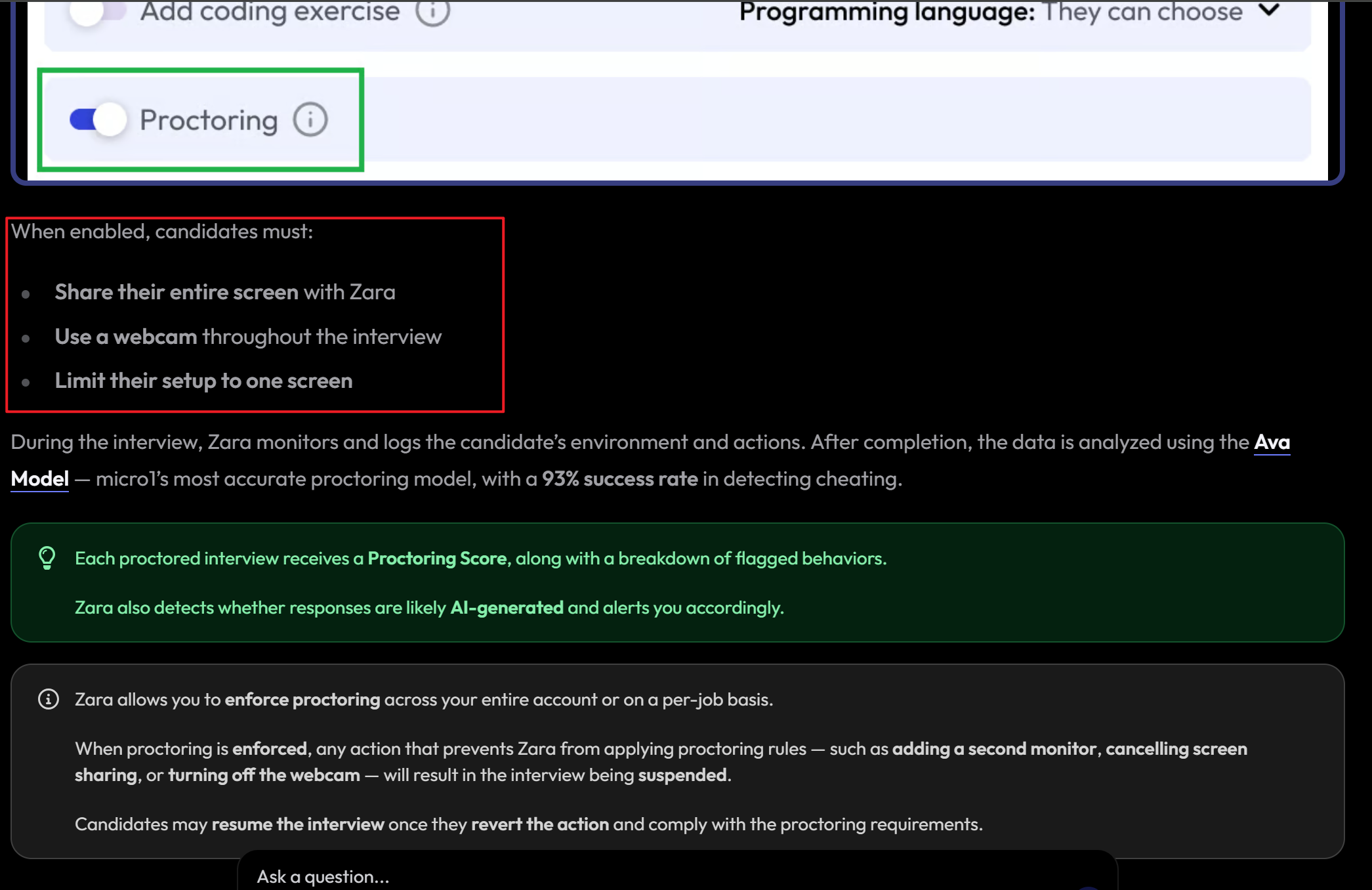 Micro1 mentioned that candidates must share their full screen, use a webcam, and limit to only one screen
