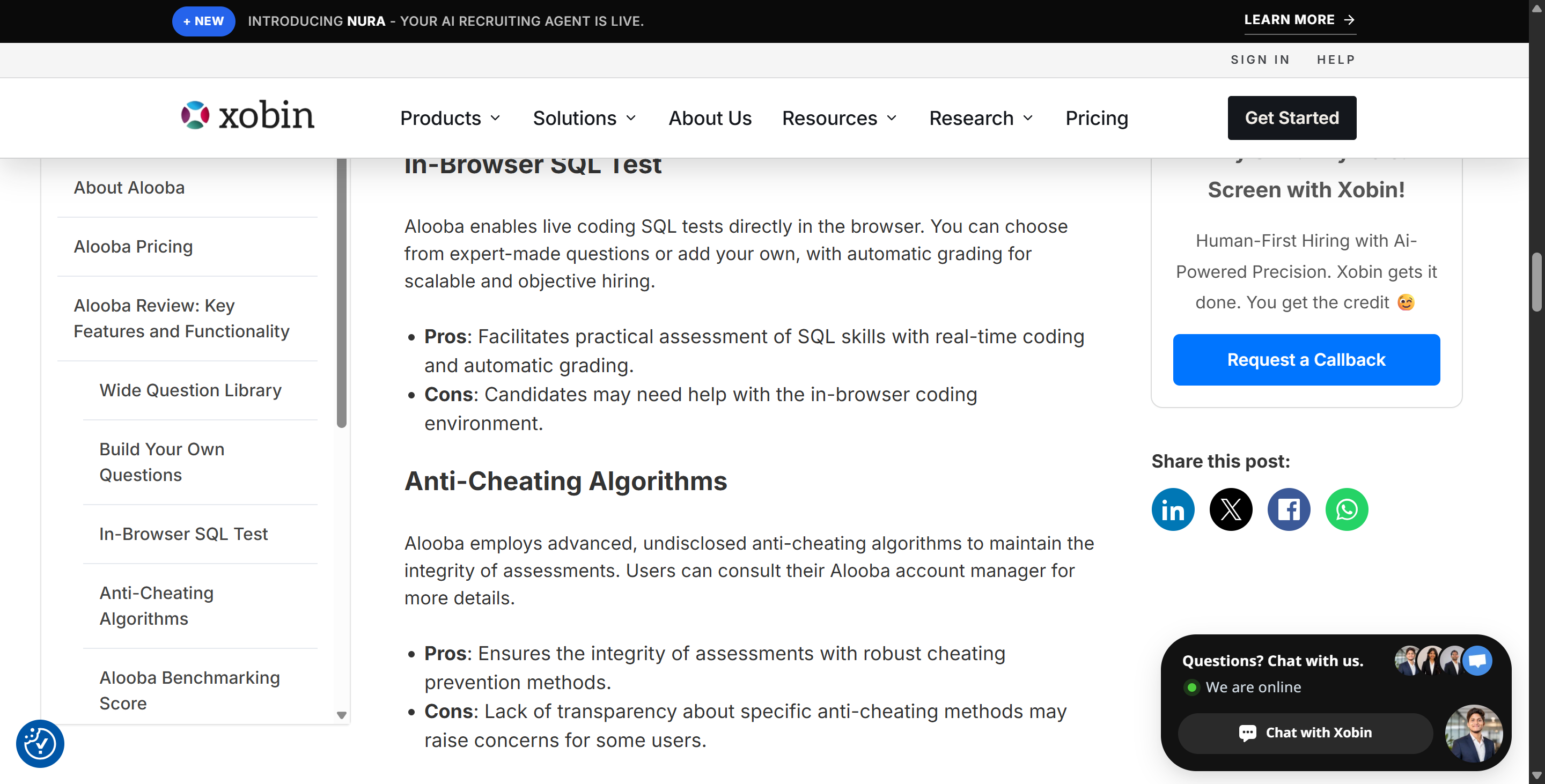 Xobin, as one Alooba assessment competitor, said something about its anti-cheating algorithms