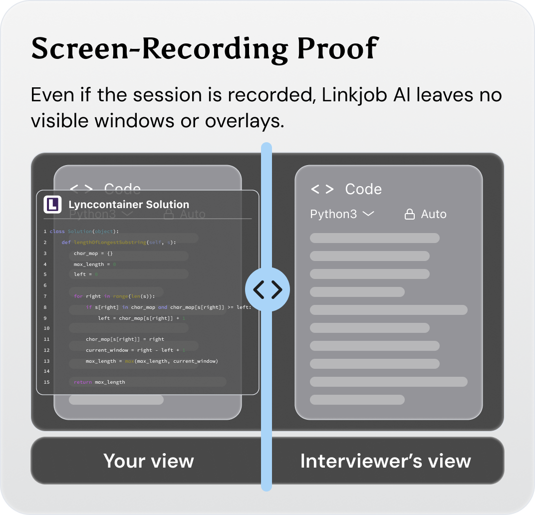 Linkjob AI can be completely invisible during screen sharing leetcode style interviews.