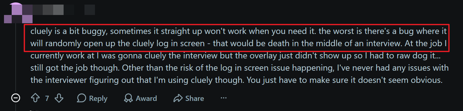 Reddit also found Cluely quite buggy during real-world use and interviews