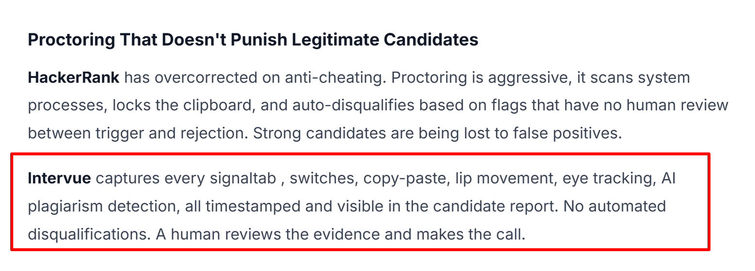 Intervue said that it would record every tab switch, copy/paste, and other movements during interviews for later human review