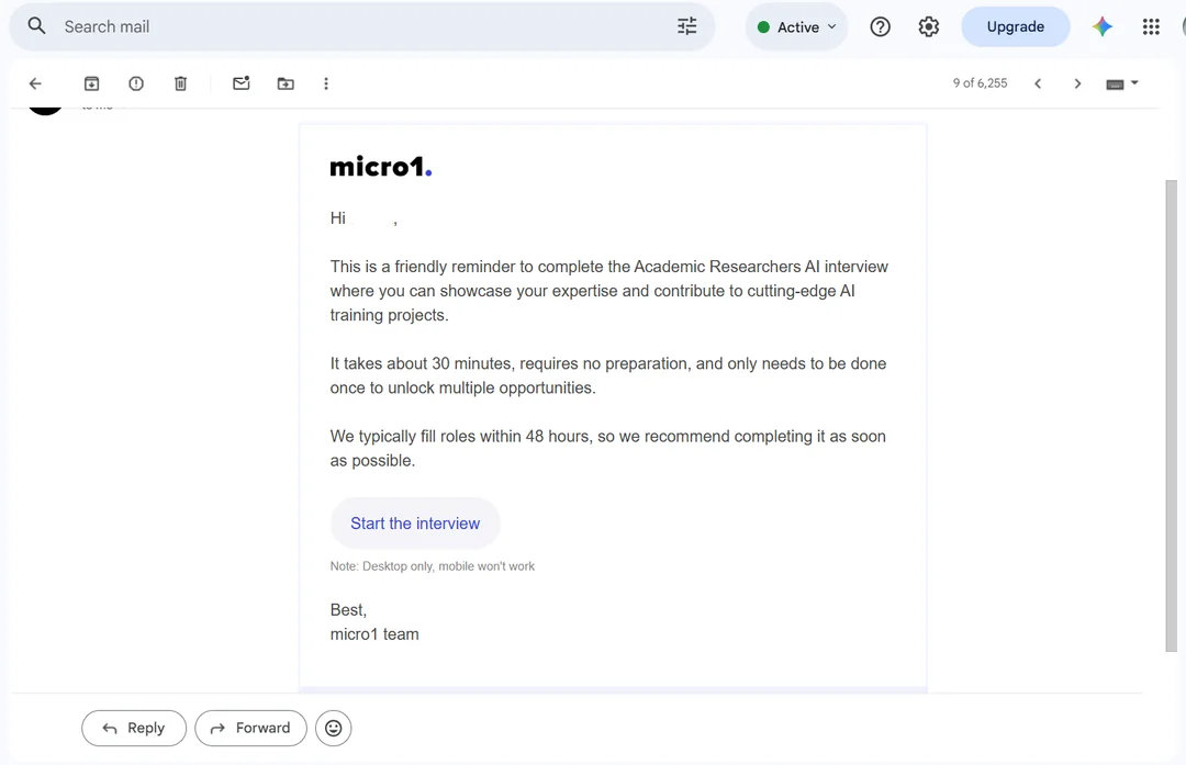 After applying for one job position, Micro1 would send an email to remind you about your interview with Zara