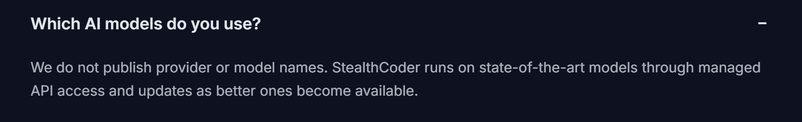 In the FAQ section, StealthCoder somehow changes its mind and says that they do not publish models