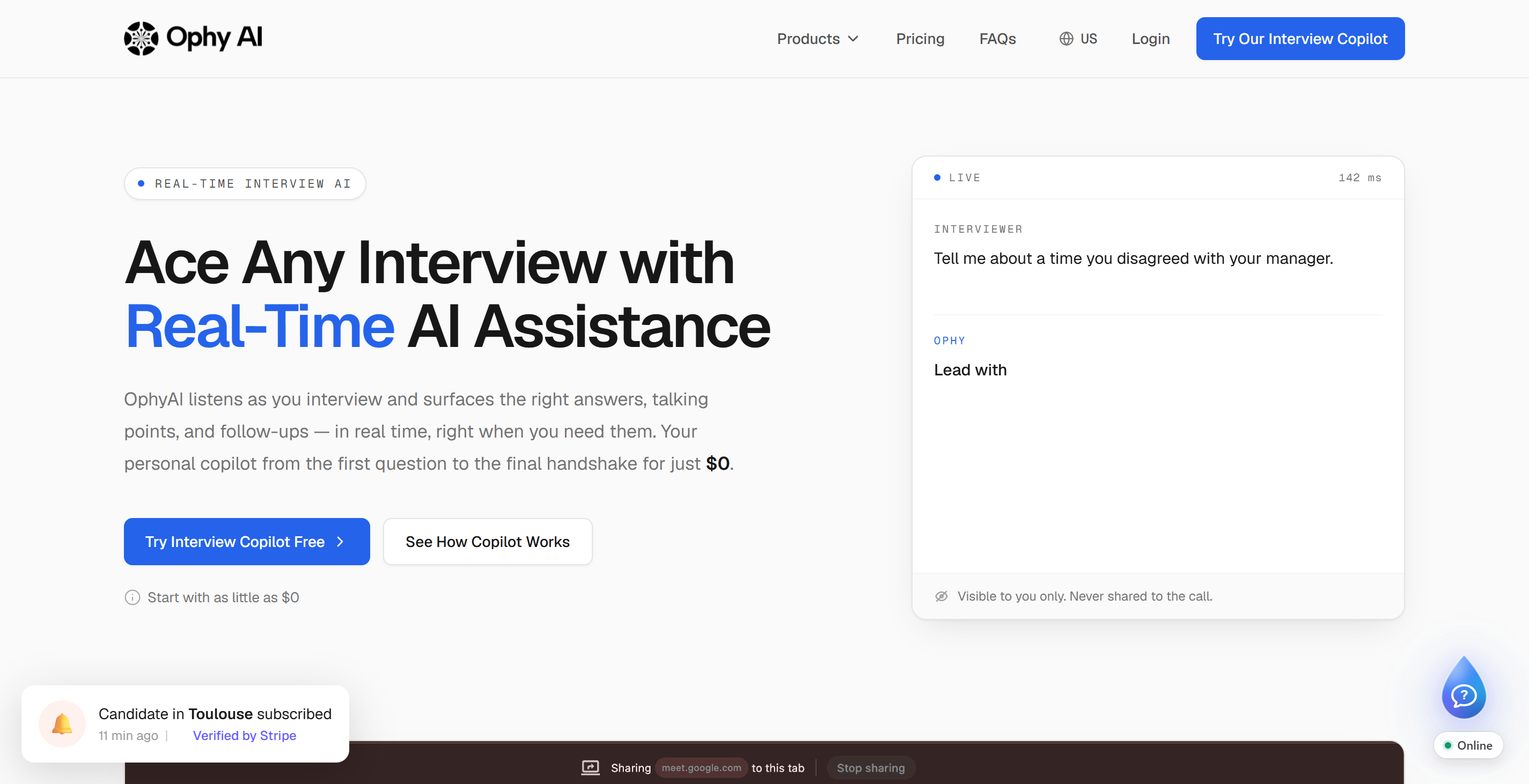OphyAI's homepage markets itself as an AI interview copilot with other features to help find jobs