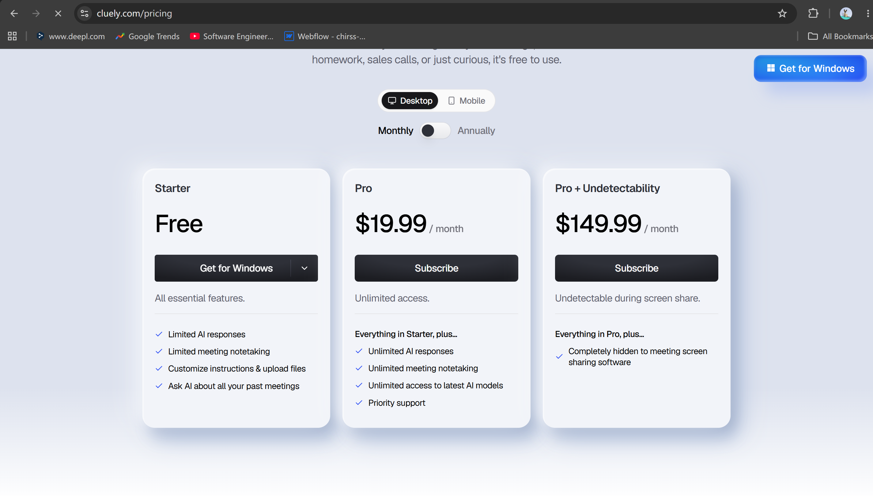Cluely actually charges $150/mo for its undetectable mode