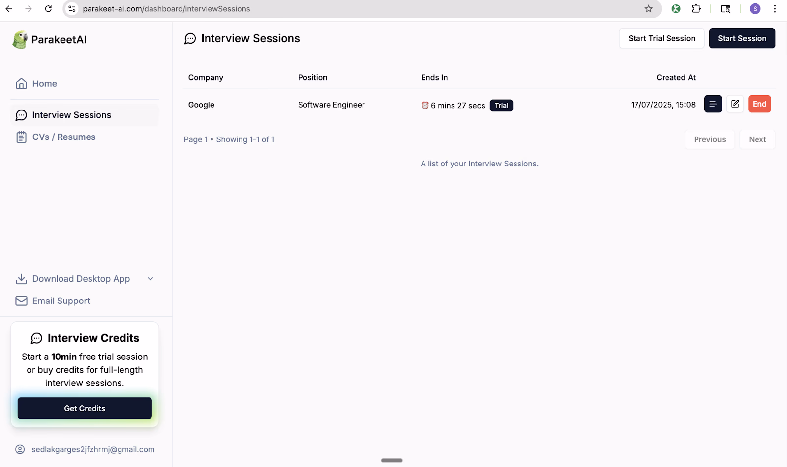 Parakeet AI's interview page can be seen in screenshots, too