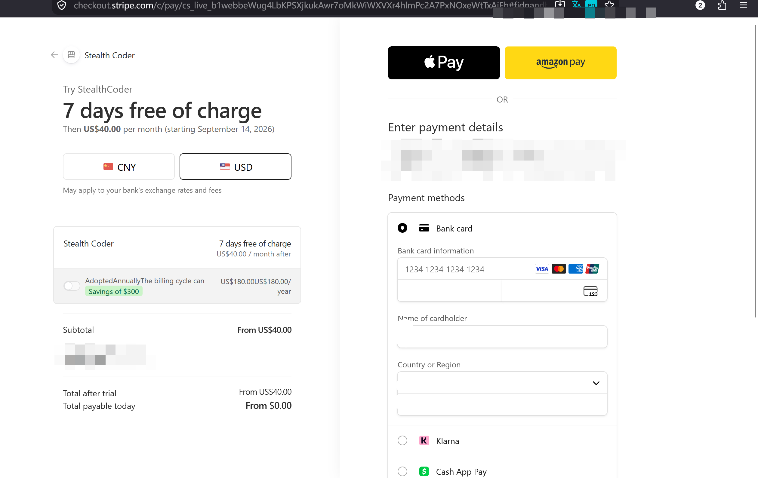 StealthCoder's free trial requests a $180/yr subscription on Stripe automatically