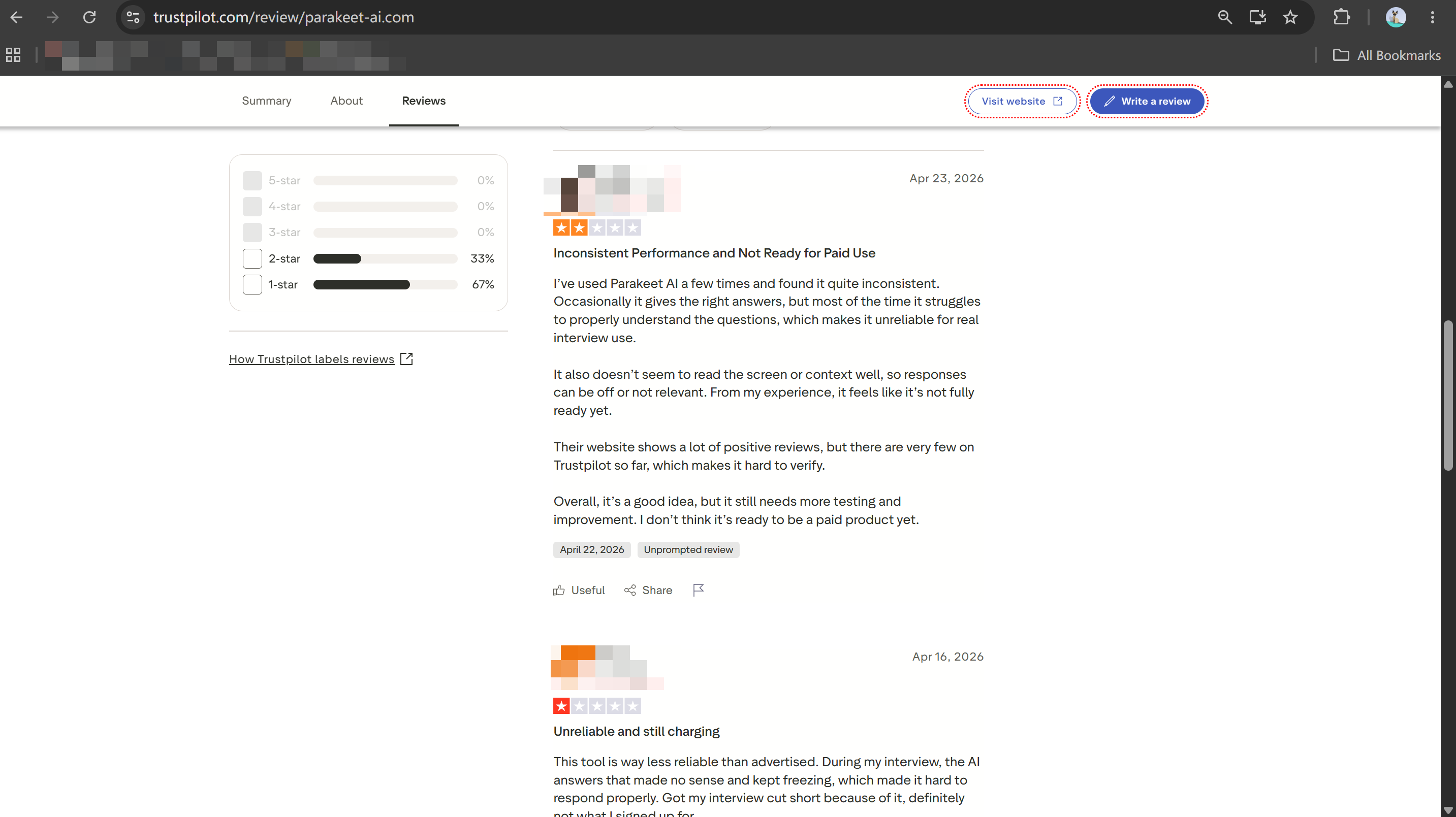 Parakeet AI's Trustpilot page was always filled with negative comments about its refund policy