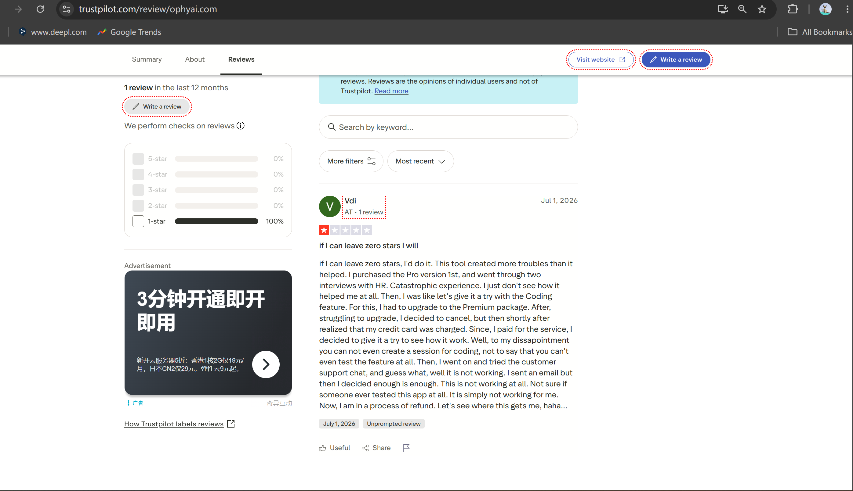 The only OphyAI review on Trustpilot was 1/5 stars and complained about both its features and refund policy