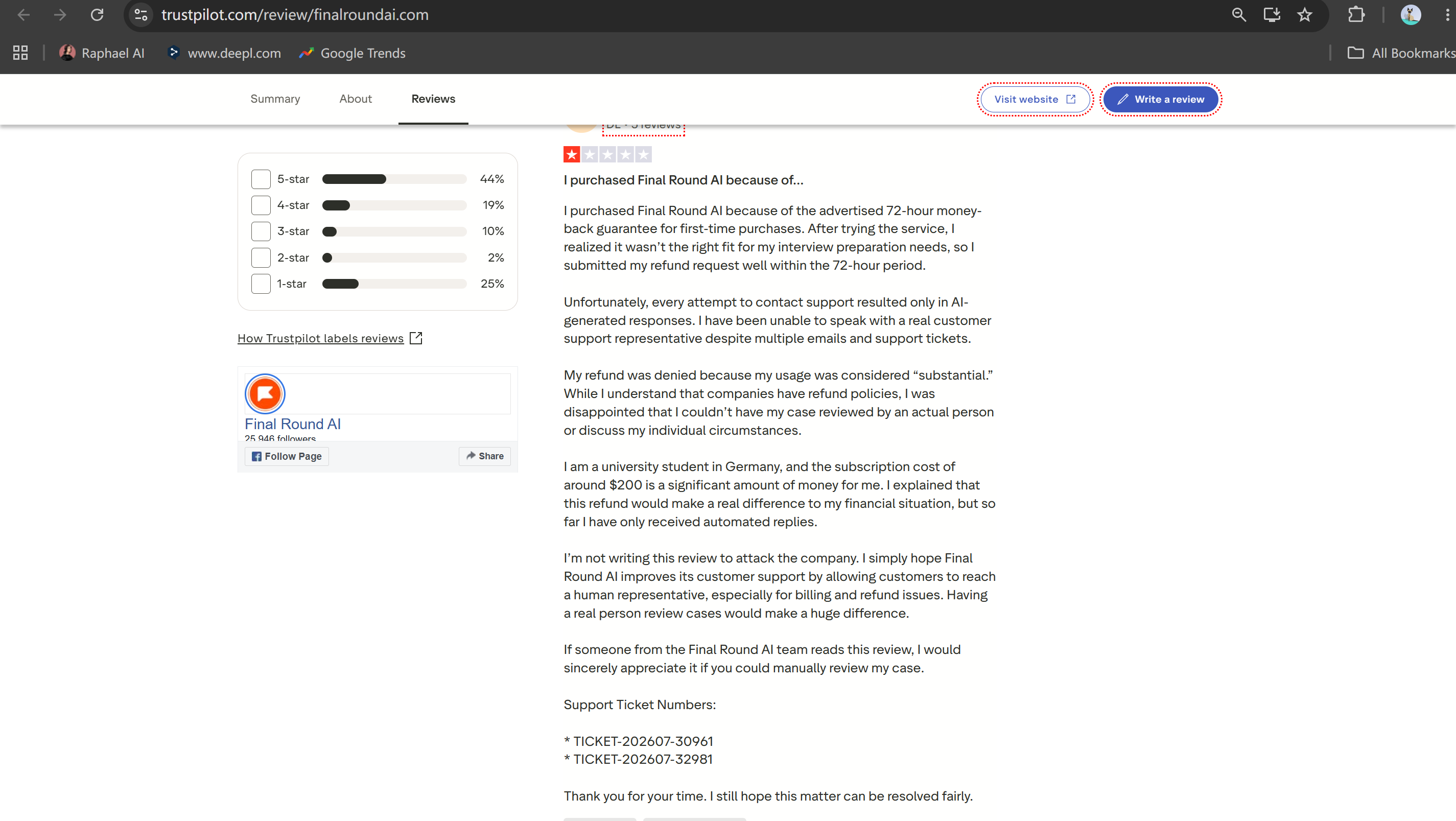 People complained a lot about Final Round AI's refund policy on Trustpilot these days